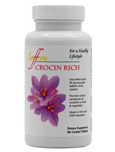 Load image into Gallery viewer, Supplement bottle labeled 'Saffron Crocin Rich' with saffron flowers on a white background
