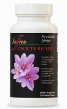 Load image into Gallery viewer, Supplement bottle labeled 'Saffron Crocin Rich II' with a purple flower on a white background