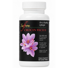 Load image into Gallery viewer, Supplement bottle labeled 'Crocin Rich II' with purple Saffron flowers on a white background, for joint health, motor function, movement and vitality support.