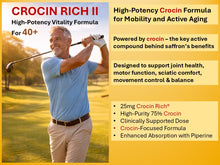 Load image into Gallery viewer, A man playing golf outdoor symbolizing Crocin Rich II supplement support joint health, mobility, sciatic comfort, motor function, movement control, balance, daily vitality