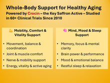 Load image into Gallery viewer, Advertisement for Crocin highlighting its clinical studied benefits for whole-body support in active aging on a yellow background.