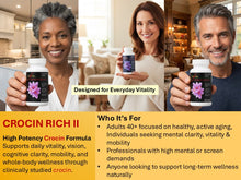 Load image into Gallery viewer, Three people holding Crocin Rich II bottles with product details and benefits displayed.