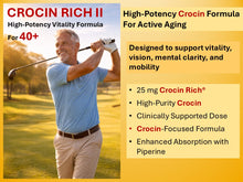 Load image into Gallery viewer, Crocin Rich II with a man playing golf outdoor symbolizing the supplement support vitality, vision, mental clarity, and mobility with a golden background