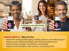 Load image into Gallery viewer, Three people holding Crocin Rich II supplements with a focus on everyday vitality, set against a home interior background.