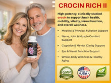 Load image into Gallery viewer, Couple holding a crocin supplement bottle with product information about health benefits on a yellow background