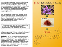 Load image into Gallery viewer, Crocin Rich saffron supplement's white label with information about saffron and crocin.