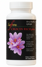 Load image into Gallery viewer, Supplement bottle labeled 'Saffron Crocin Rich plus' with a purple crocus flower on a white background