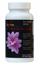 Load image into Gallery viewer, Supplement bottle labeled 'Saffron Crocin Rich plus' with a purple flower on a white background