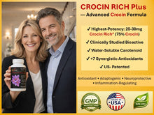 Load image into Gallery viewer, Happy couple holding a CROCIN RICH Plus supplement bottle with product details for trust and credibility