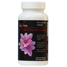 Load image into Gallery viewer, Supplement bottle labeled 'Crocin Rich plus' with purple Saffron flowers on a white background, for memory, focus, mood, cognitive function, brain performance and healthy aging.