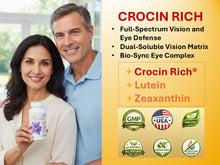 Load image into Gallery viewer, Couple holding a bottle of Crocin Rich eye supplement with product features and benefits displayed on an orange background.
