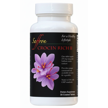 Load image into Gallery viewer, CROCIN RICH II -30 supplement bottle with purple Saffron flower graphic on a white background, supports joint health, mobility, vitality and active aging.