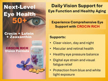 Load image into Gallery viewer, CROCIN RICH Vision Formula for ages 50+. Highlights the benefits of Crocin, Lutein, and Zeaxanthin supporting macular health, clear vision, and blue light protection.