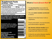 Load image into Gallery viewer, Supplement Facts label with barcode for Crocin Rich Plus and text about crocin information on a yellow background 