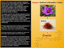 Load image into Gallery viewer, Label about crocin, saffron's benefits, and color with text and images on a yellow background.