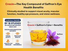 Load image into Gallery viewer, Crocin, responsible for saffron's color and benefits, is clinically backed to support visual acuity, macular function, healthy eye pressure and visual performance.