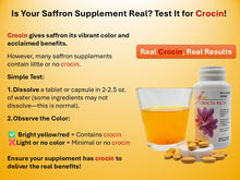 Load image into Gallery viewer, Infographic for CROCIN RICH showing a water test: bright golden water confirms real crocin and health benefits, while clear water indicates low quality.