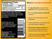 Load image into Gallery viewer, The Supplement Facts on label of CROCIN RICH II - 30 tablets with answers to what is crocin